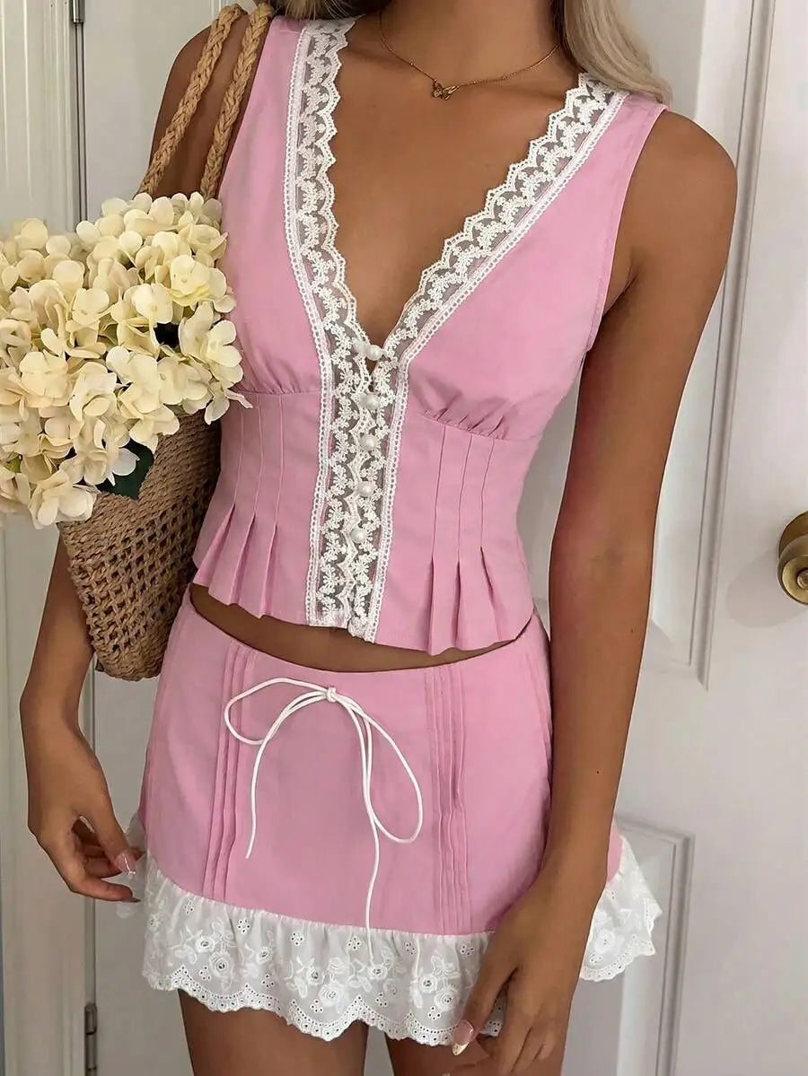 Women Lace V Neck Two Piece Set Sleeveless Top And Skirt