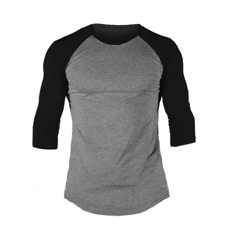 Running Sports Three Quarter Sleeve Shirt Mens Fitness Training Cotton Breathable Clothing Gym Bodybuilding Solid Color T-shirt