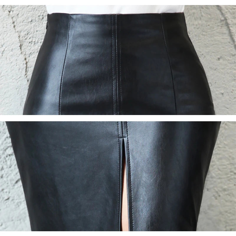 Women PU Leather Midi Skirt Autumn Winter Front Or Back Slit