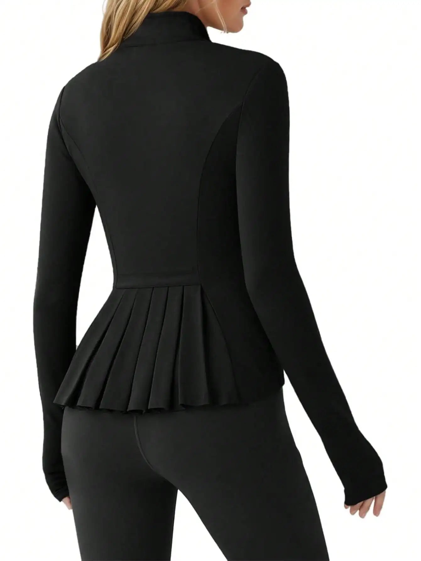 Pleated Athletic Jacket For Women Zip Up With Stand Collar