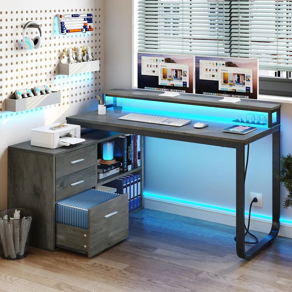 Hign Concerned L Shaped Gaming Desk With File Drawers