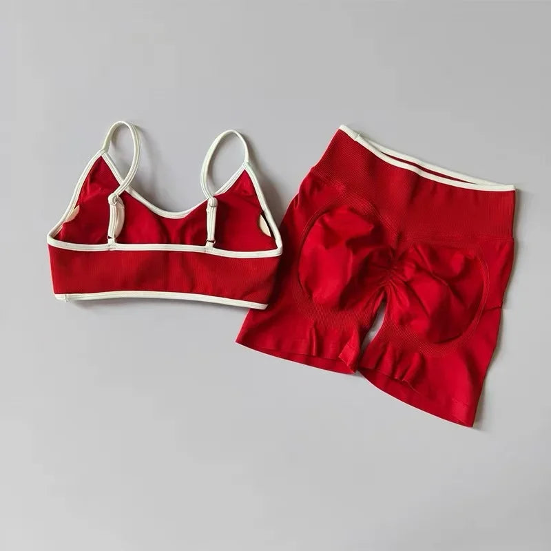 Color Blocked Bra, Seamless Tight Fitting Peach Hip Lifting Sports Shorts, Running And Fitness Pants, Women's Yoga Set