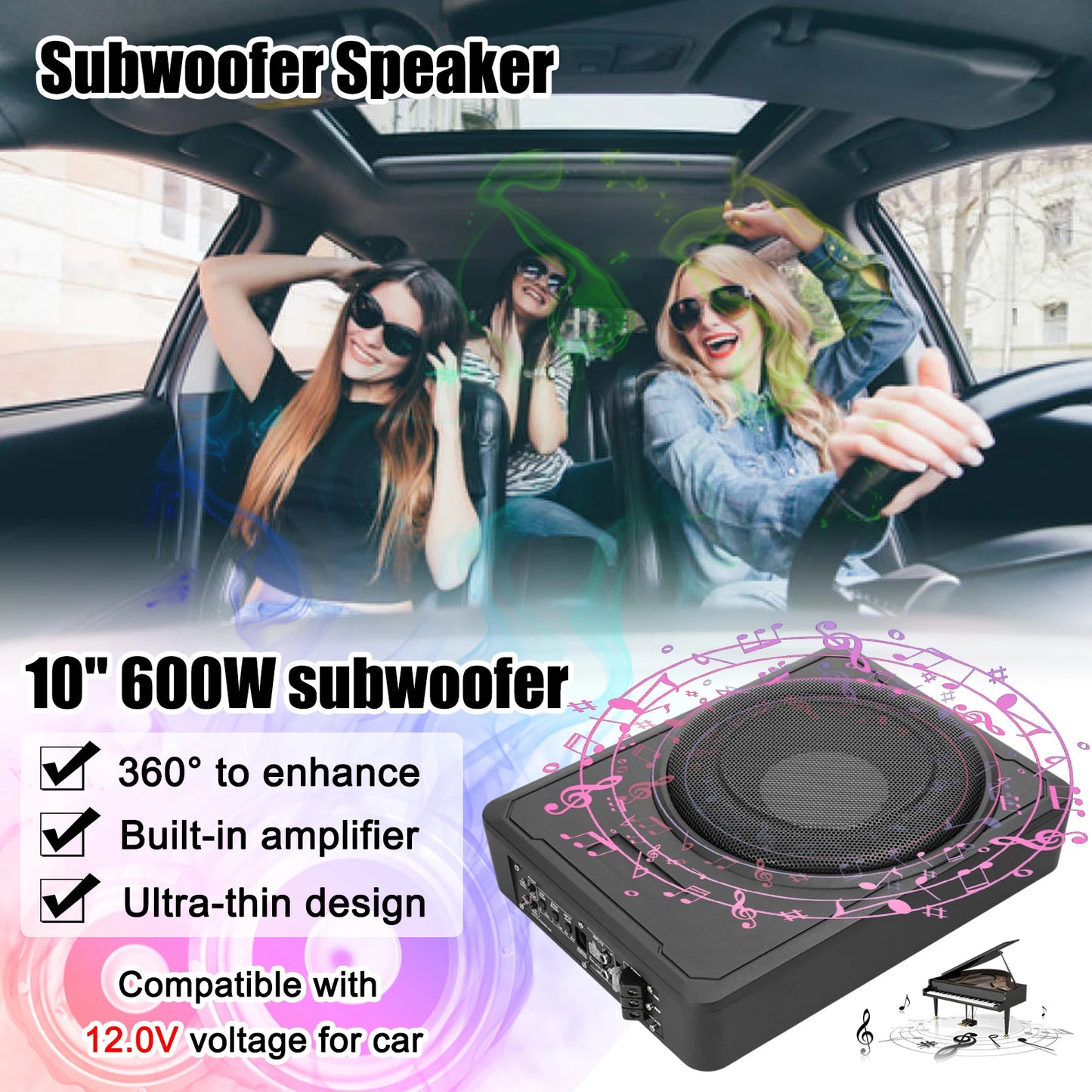 Qiilu 800W Underseat Amplified Car Subwoofer Bass Box