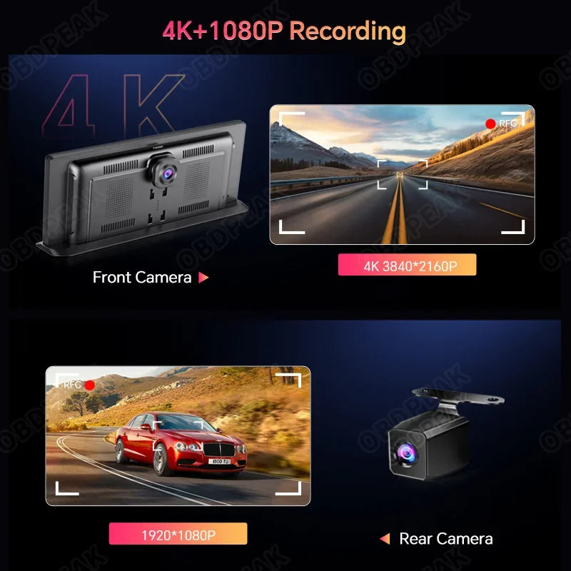 OBDPEAK Dual Lens 4K Car Dash Cam CarPlay Android Auto