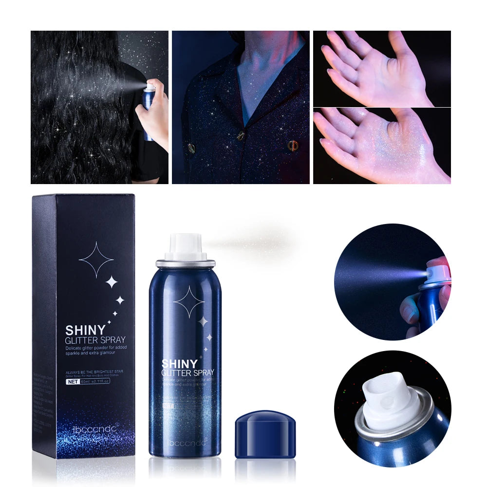 60ml Shiny Silver Glitter Spray High Gloss Glitter Powder Spray Waterproof Shiny Powder Makeup for Body Face Highlight Makeup