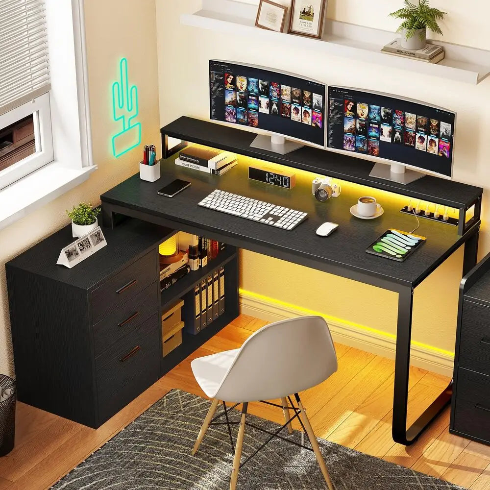 Hign Concerned L Shaped Gaming Desk With File Drawers