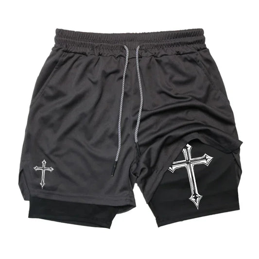 Cross Printed 2in1 Training Shorts With Compression Lining