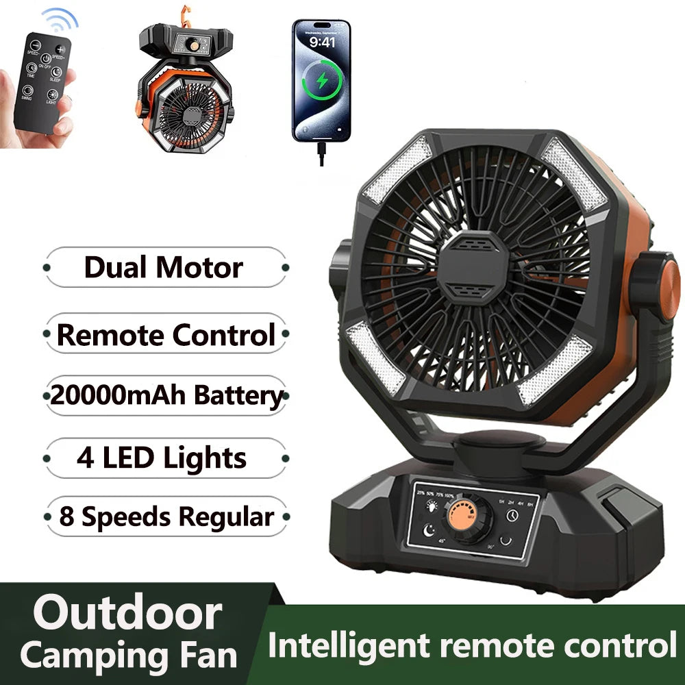 ColdSky Camping Fan With 4 LED Lantern 8 Speeds Portable