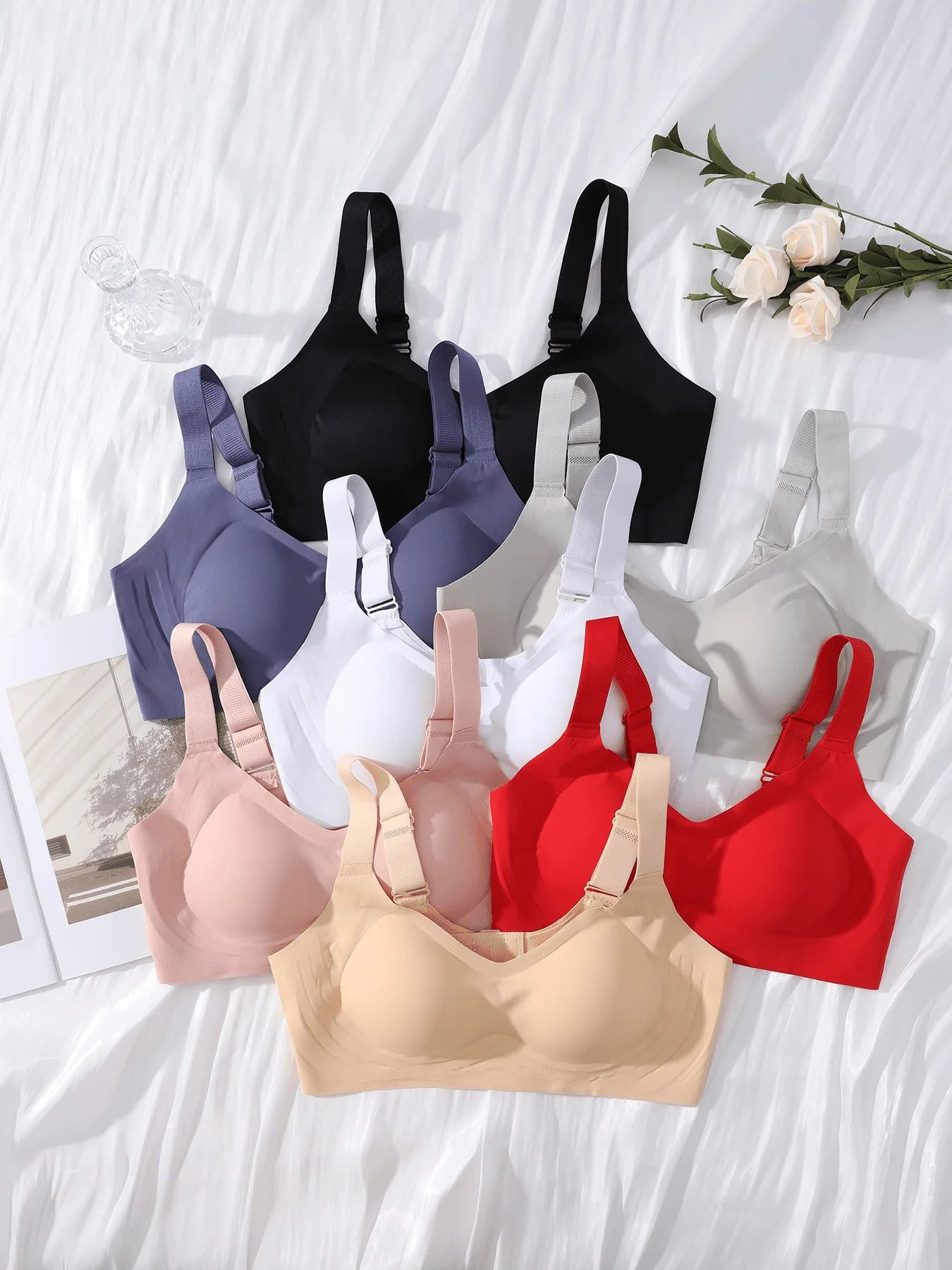 7 pcs of Color Women's Seamless Wireless Sports Bras - Soft Stretchy Push-Up Design with Removable Padding Everyday Basic Bras