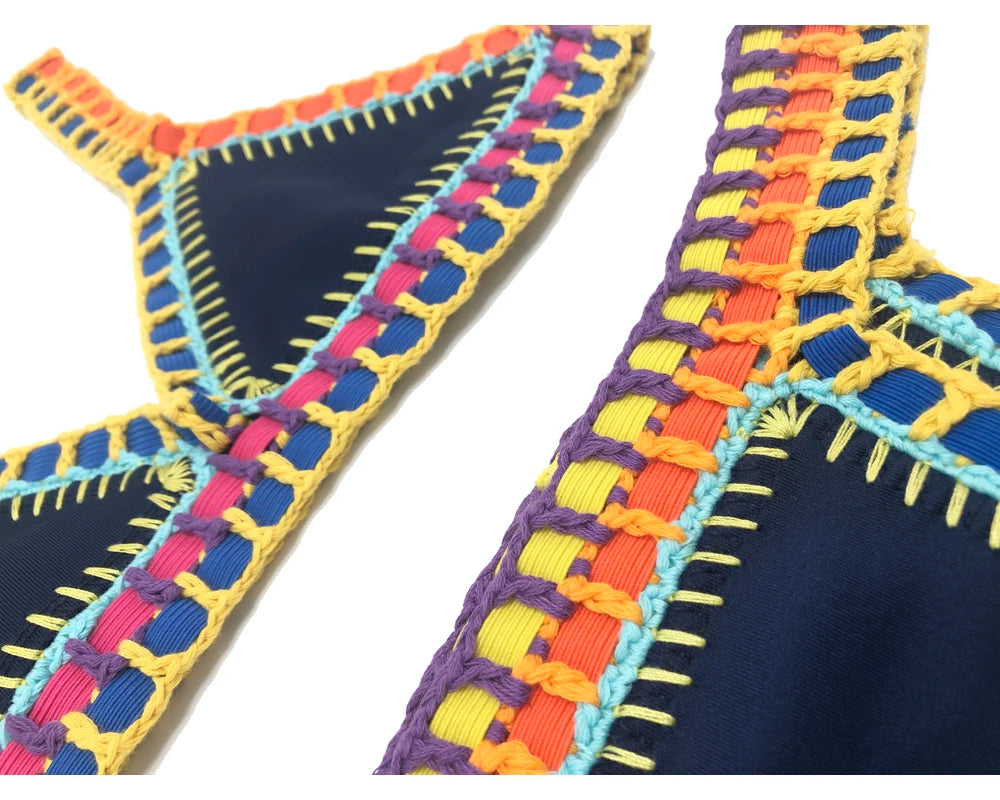 Women Sexy Handmade Bikinis Blue Swimwear Purplish Red Patchwork Swimsuit Black Crochet Elastic Bikini Set Knit Biquini