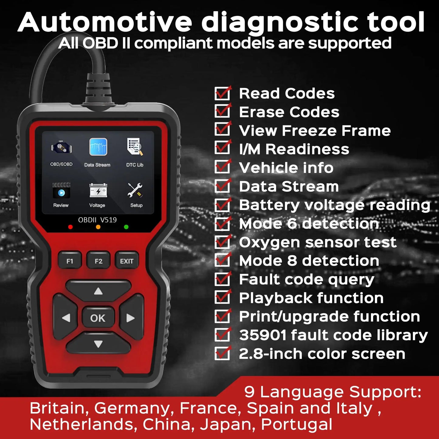 Hign-Concerned OBD2 Scanner Live Data OBDII Tool V519