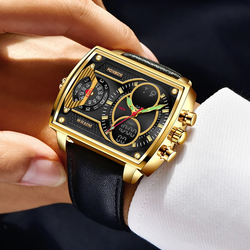 LIGE Digital Mens Square Military Waterproof Watch Leather