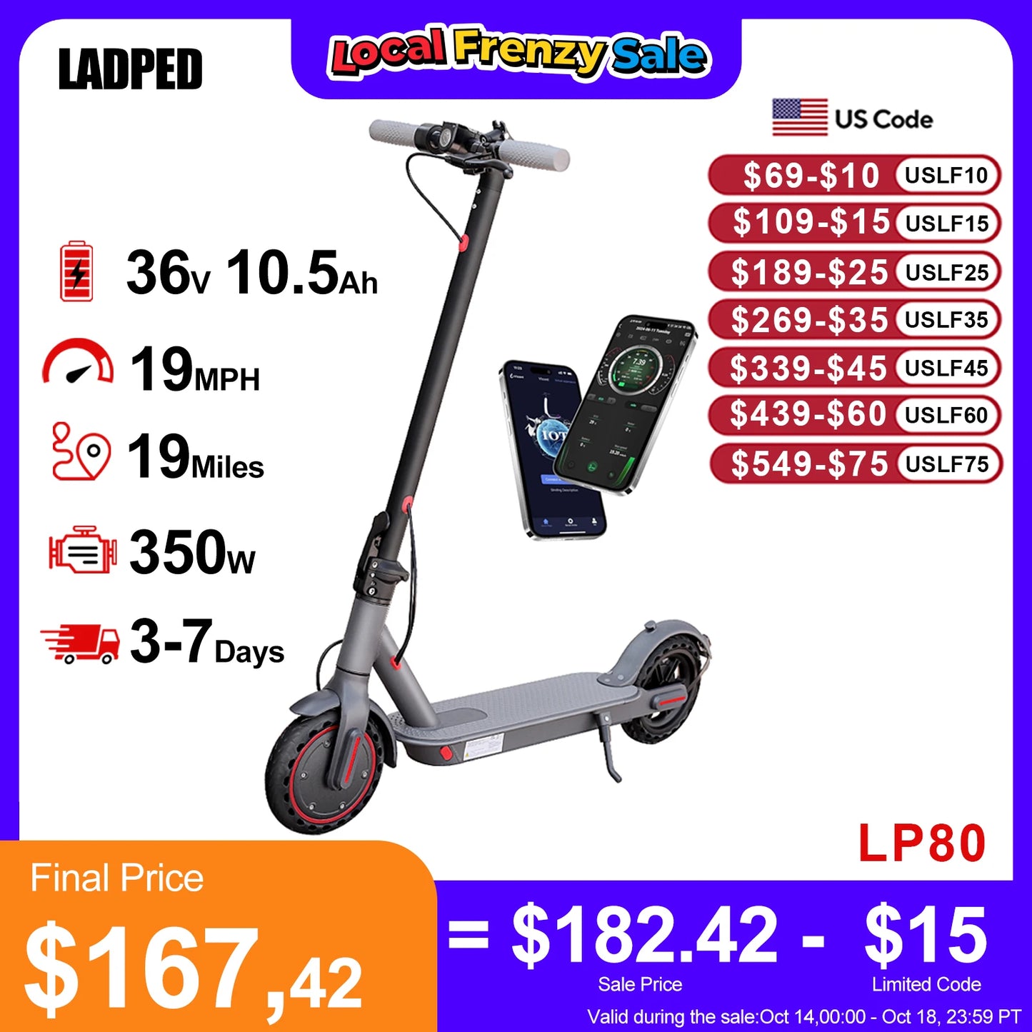 LADPED LP80 Foldable Electric Scooter 350W 19mph Pro