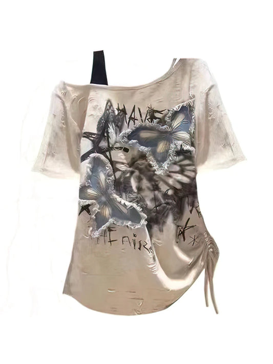 ZOYLEIRCN Vintage Off Shoulder Graphic T Shirt For Women