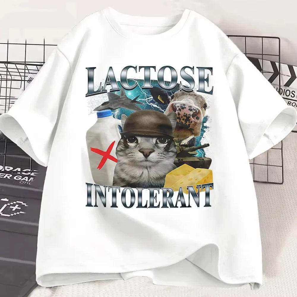 Lactose Intolerant Funny Cat Meme T-Shirt Men Women Retro Fashion Short Sleeve T-shirts Cotton Casual Cozy Oversized T Shirts