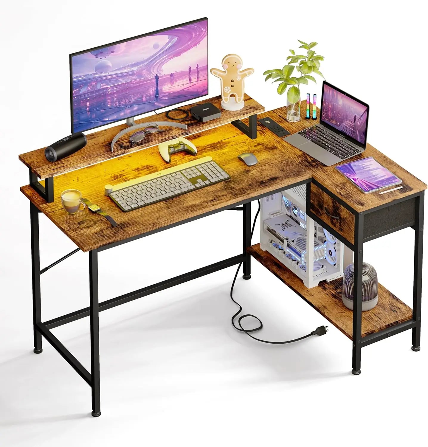 Fixwal L Shaped Gaming Desk With Power Outlets LED Lights