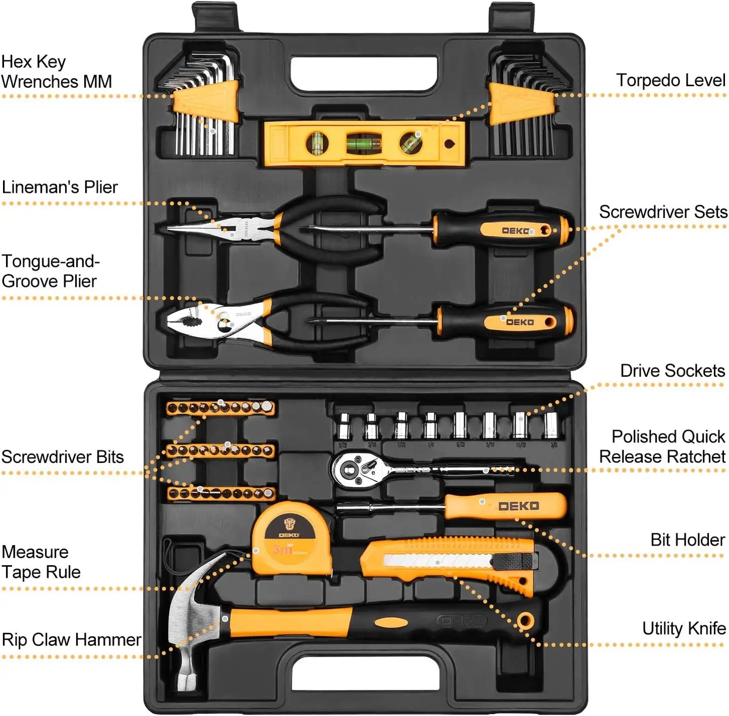 DEKODIY 65 Piece Tool Set General Household Hand Tool Kit