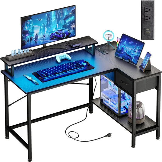 Fixwal L Shaped Gaming Desk With Power Outlets LED Lights