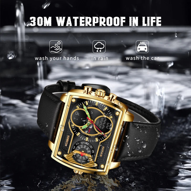 LIGE Digital Mens Square Military Waterproof Watch Leather