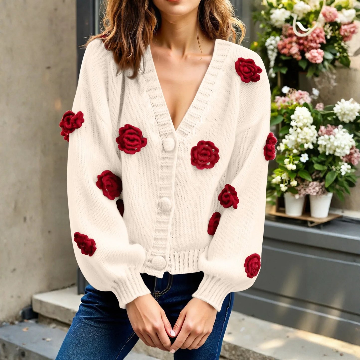 Fall Women Fashionable Long Sleeve Button Top Sweater