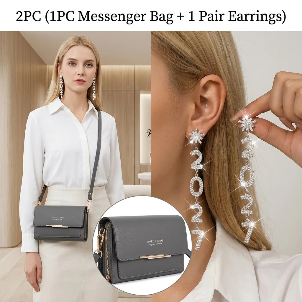 Womens Patent Leather Crossbody Bag with Rhinestone Drop Earrings Set