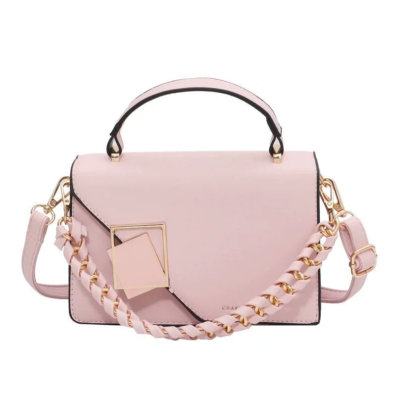 PU Leather Chain Shoulder Crossbody Handbag With Geometric Metal Lock