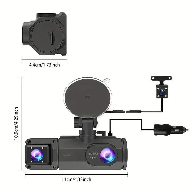 CAICYTO WiFi Dash Cam 3 Lens 1080P Front Rear Video