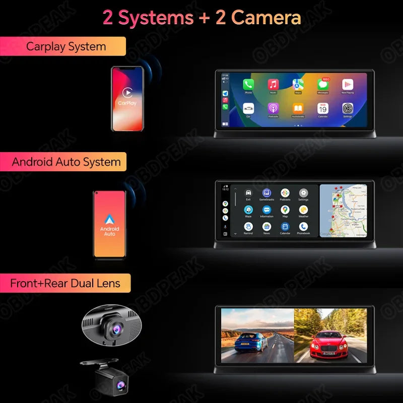 OBDPEAK Dual Lens 4K Car Dash Cam CarPlay Android Auto