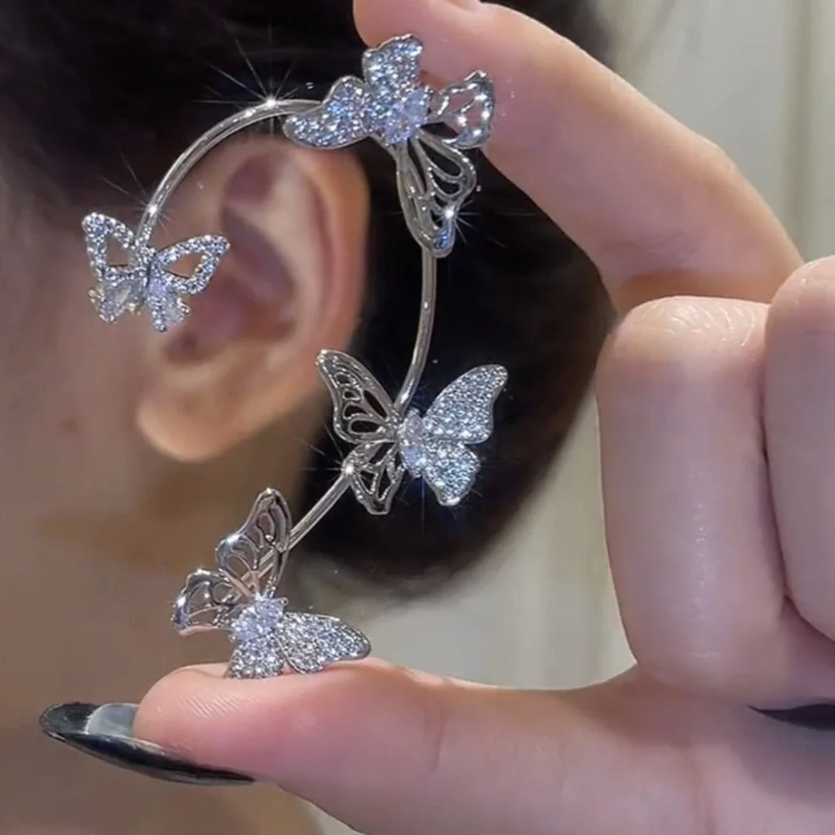 Silver Plated Metal Leaf Butterfly Clip Earrings For Women Zircon Ear Cuff