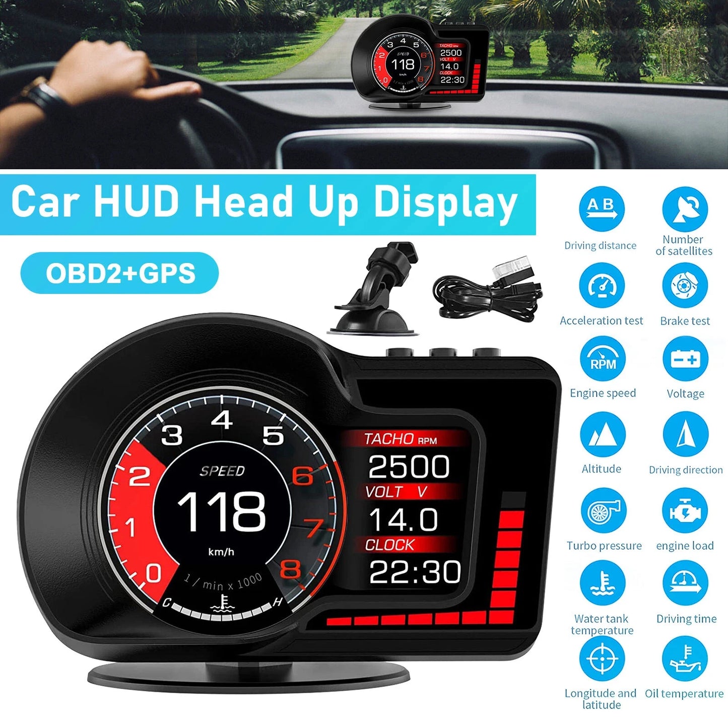 Hign Concerned OBD GPS HUD Dual System Speedometer RPM