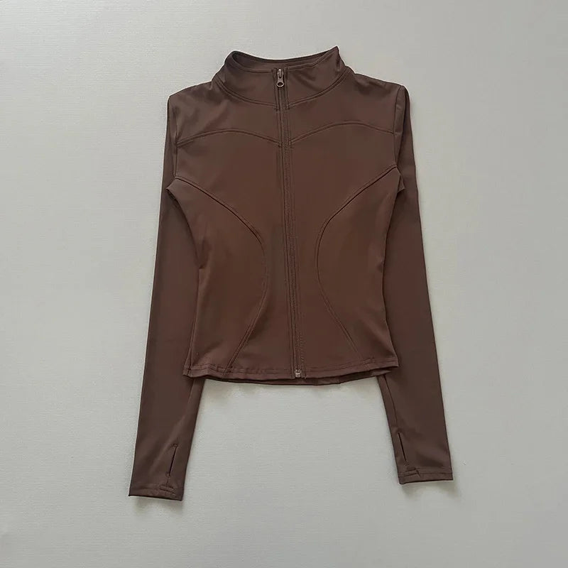 Women's Workout Jacket Stretch Fitted Zip Front Long Sleeve Running Yoga Slimming Waist-Cinching Stand Collar Quick-Dry Sportswe