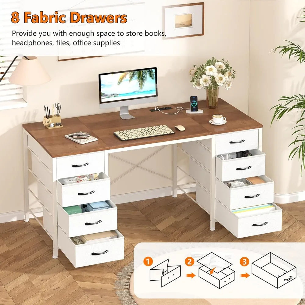 Color Computer Desk With 8 Drawers And Power Outlets
