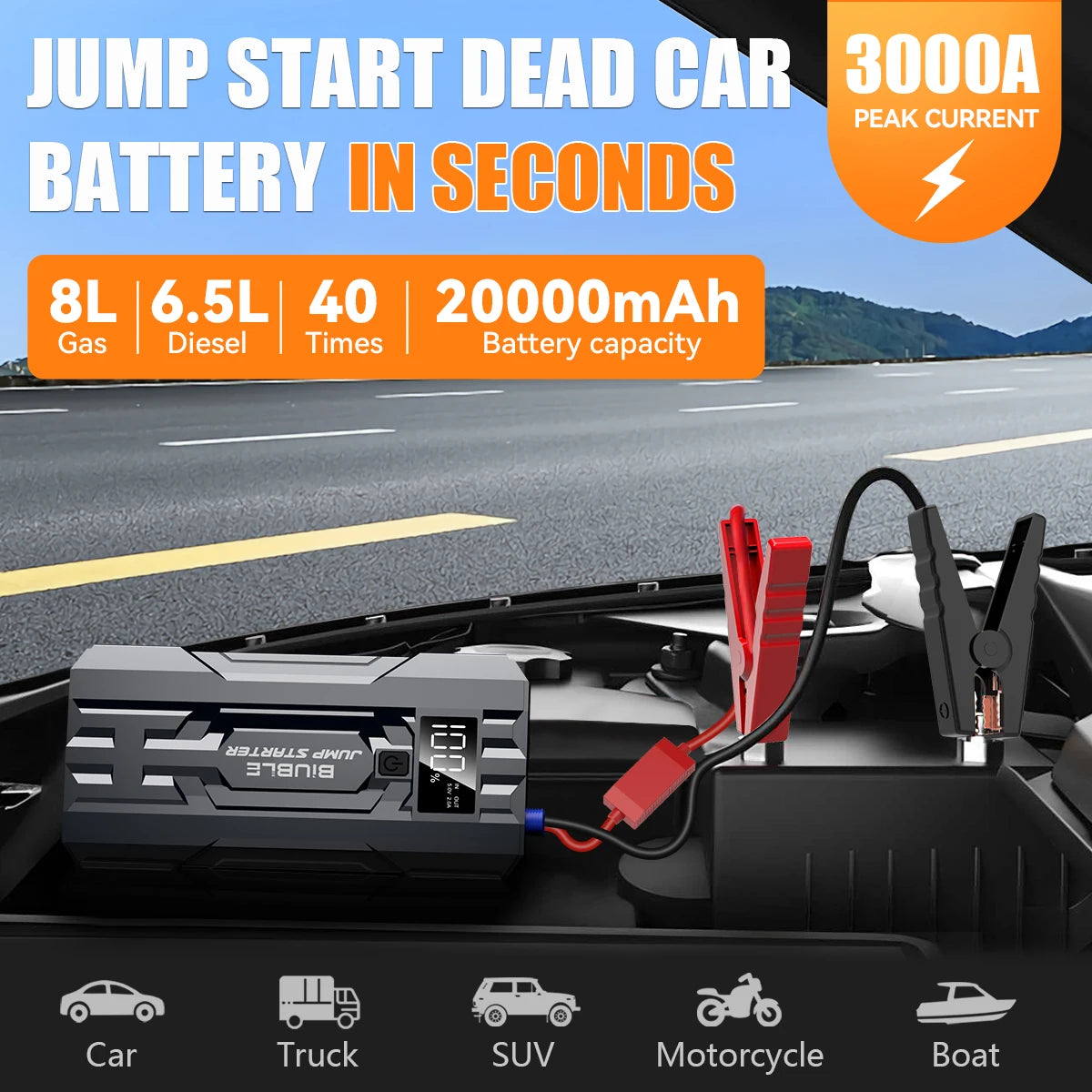 BIUBLE Car Jump Starter 3000A Peak 25000mAh 12V Booster