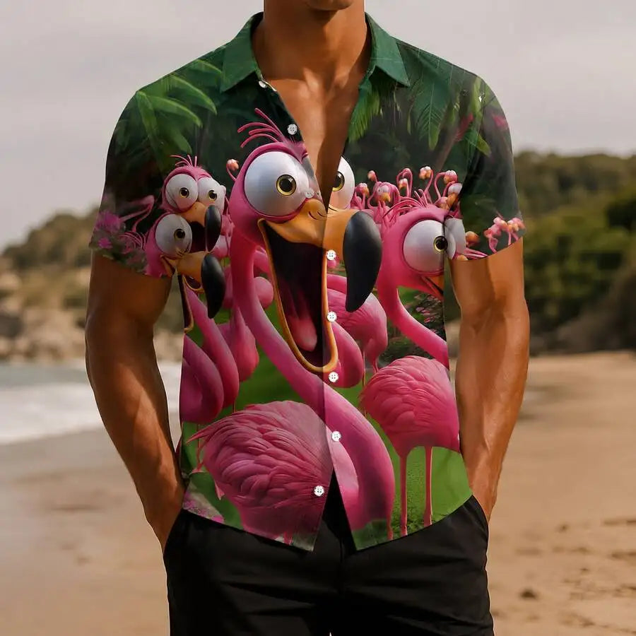 Men's Flamingo Print 3D Shirt For Summer Lightweight Poplin