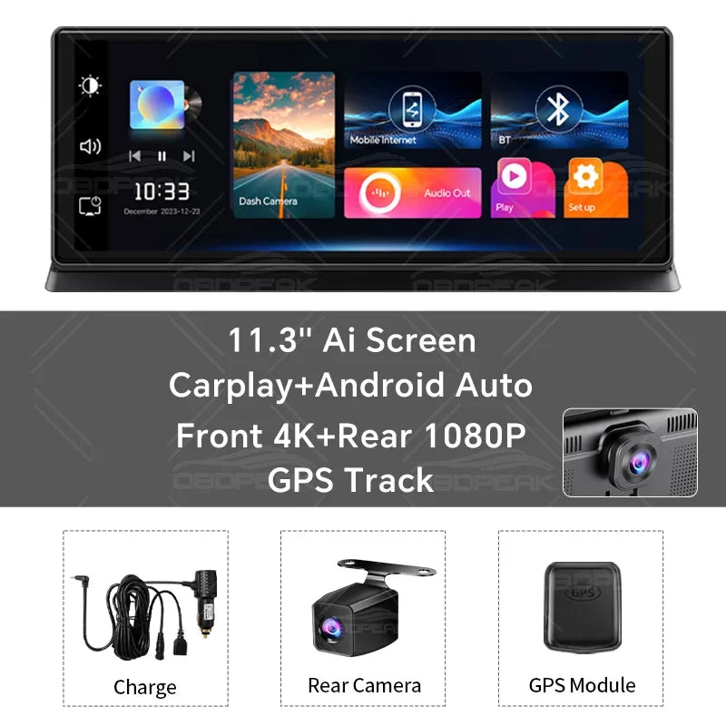 OBDPEAK Dual Lens 4K Car Dash Cam CarPlay Android Auto