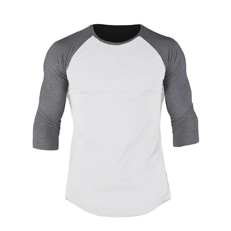 Running Sports Three Quarter Sleeve Shirt Mens Fitness Training Cotton Breathable Clothing Gym Bodybuilding Solid Color T-shirt