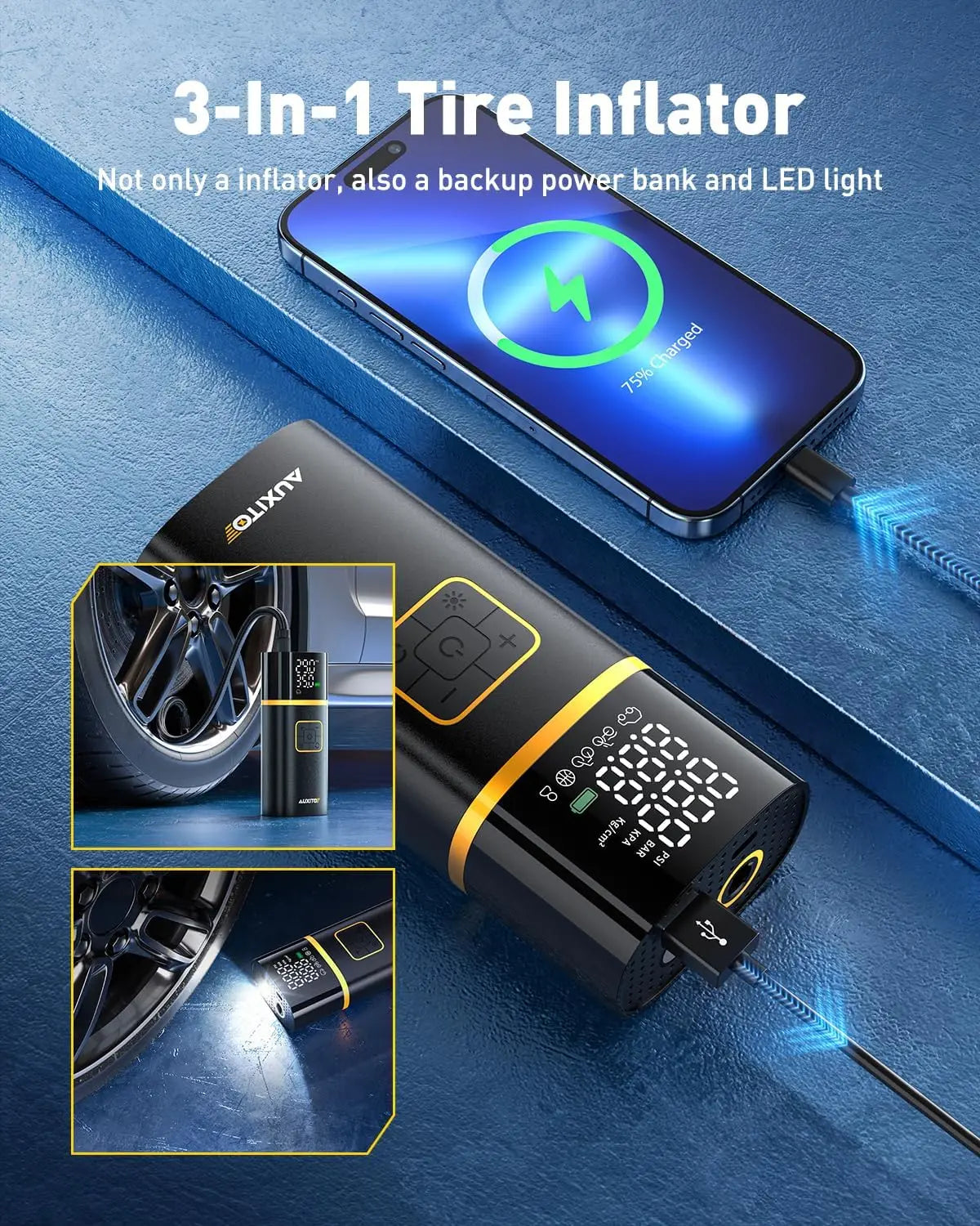 Portable Car Tire Air Compressor With Digital Gauge LED Light