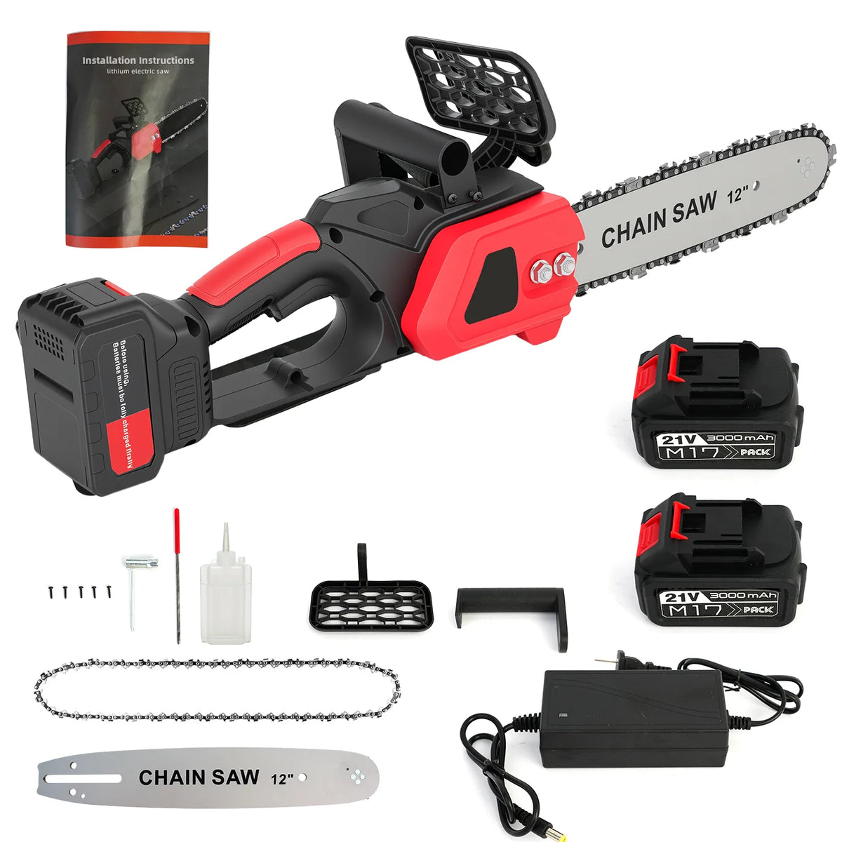 12" Brushless Chainsaw 950W 21V Handheld Chain Saw Two Rechargeable 3.0Ah Battery and Charger for Tree Felling Pruning Tools