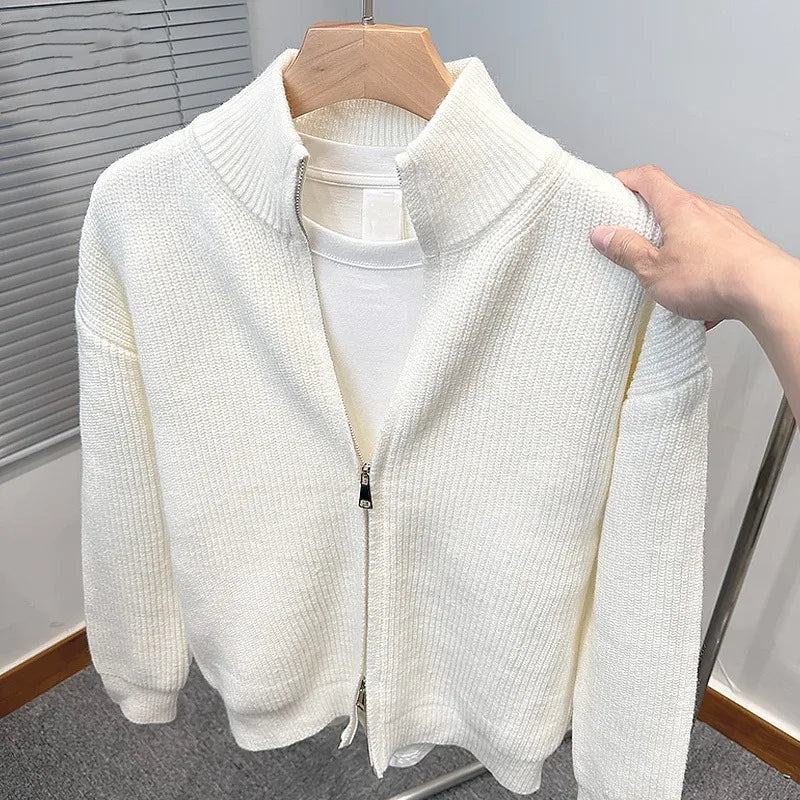 Mens Zippered Knit Cardigan Jacket With Stand Up Collar