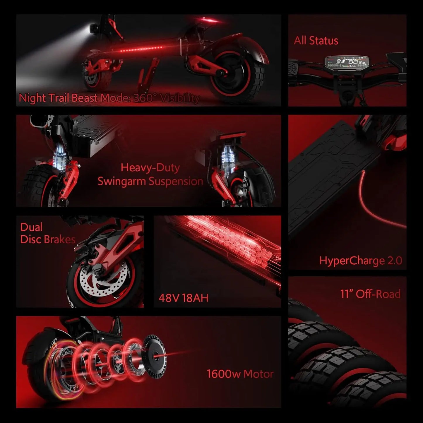 Off Road Electric Scooter Adults, 1600W Motor, 48V18AH Battery, 11" All-Terrain Tires, Heavy Duty E-Scooter with Dual Suspension