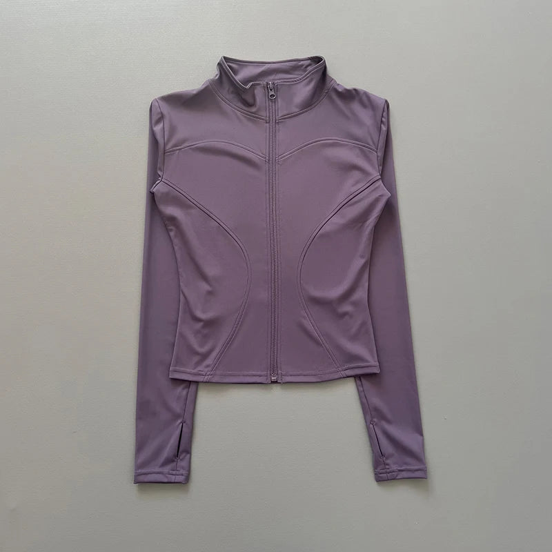 Women's Workout Jacket Stretch Fitted Zip Front Long Sleeve Running Yoga Slimming Waist-Cinching Stand Collar Quick-Dry Sportswe