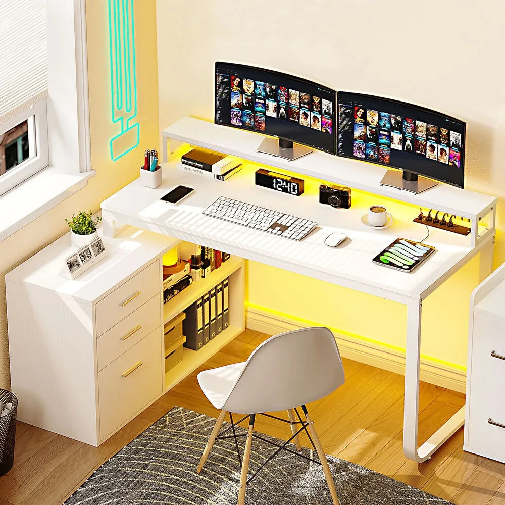 Hign Concerned L Shaped Gaming Desk With File Drawers