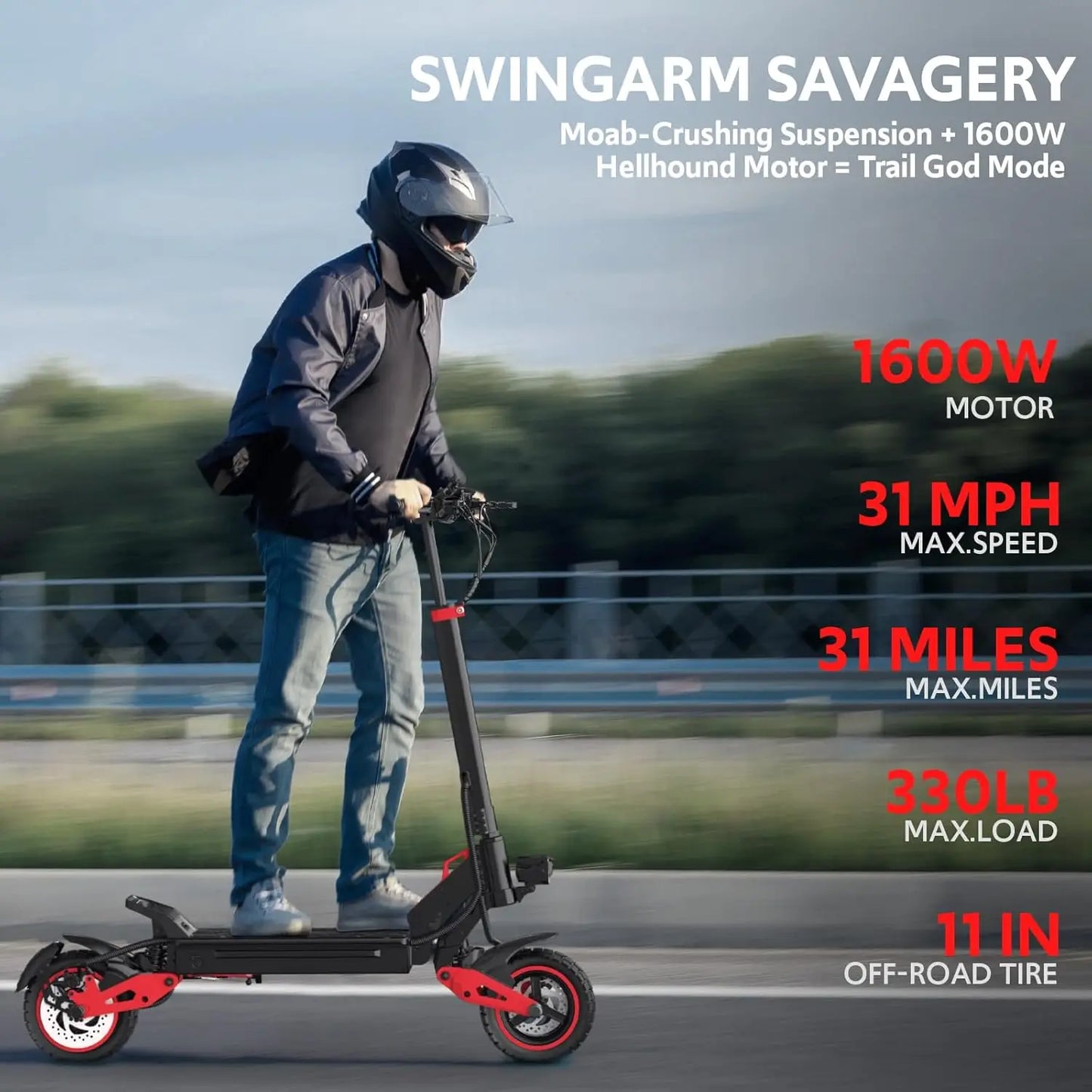 Off Road Electric Scooter Adults, 1600W Motor, 48V18AH Battery, 11" All-Terrain Tires, Heavy Duty E-Scooter with Dual Suspension