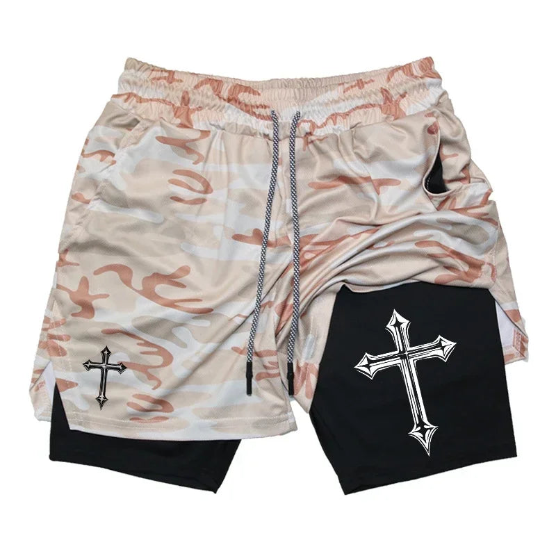 Cross Printed 2in1 Training Shorts With Compression Lining