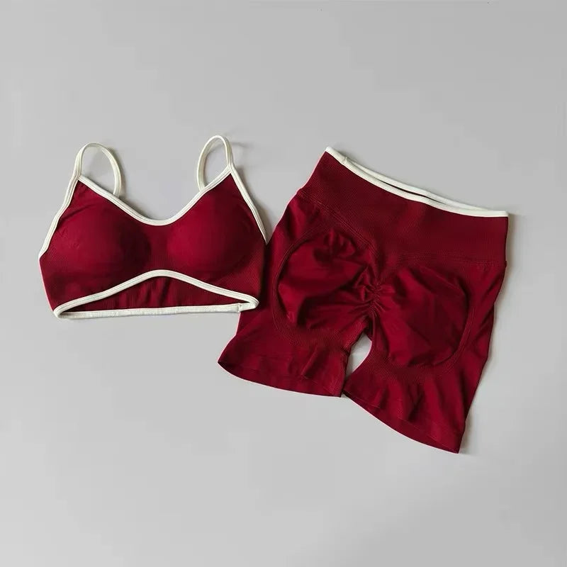 Color Blocked Bra, Seamless Tight Fitting Peach Hip Lifting Sports Shorts, Running And Fitness Pants, Women's Yoga Set