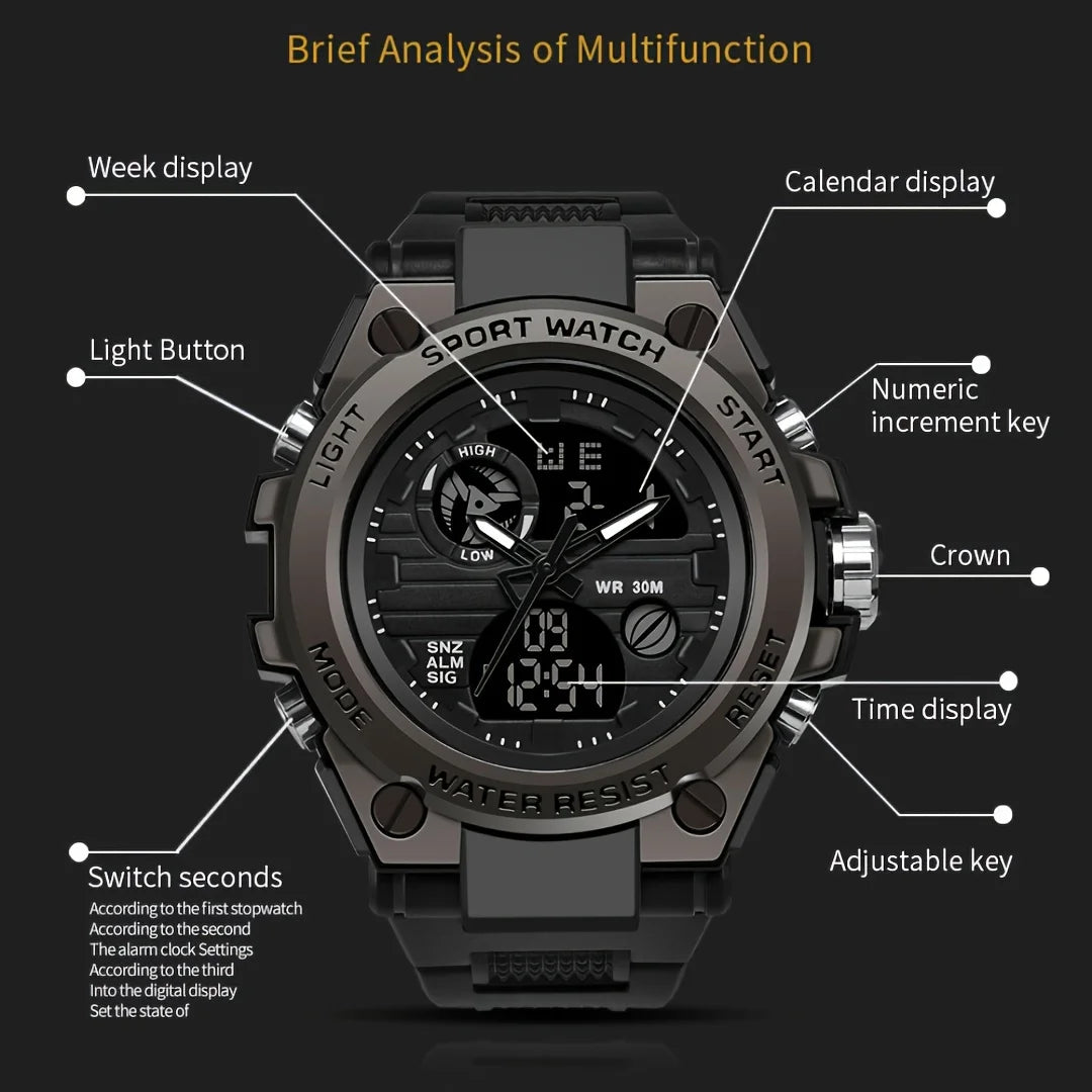 Men Outdoor Tough LED Digital Stopwatch Dual Display Watch
