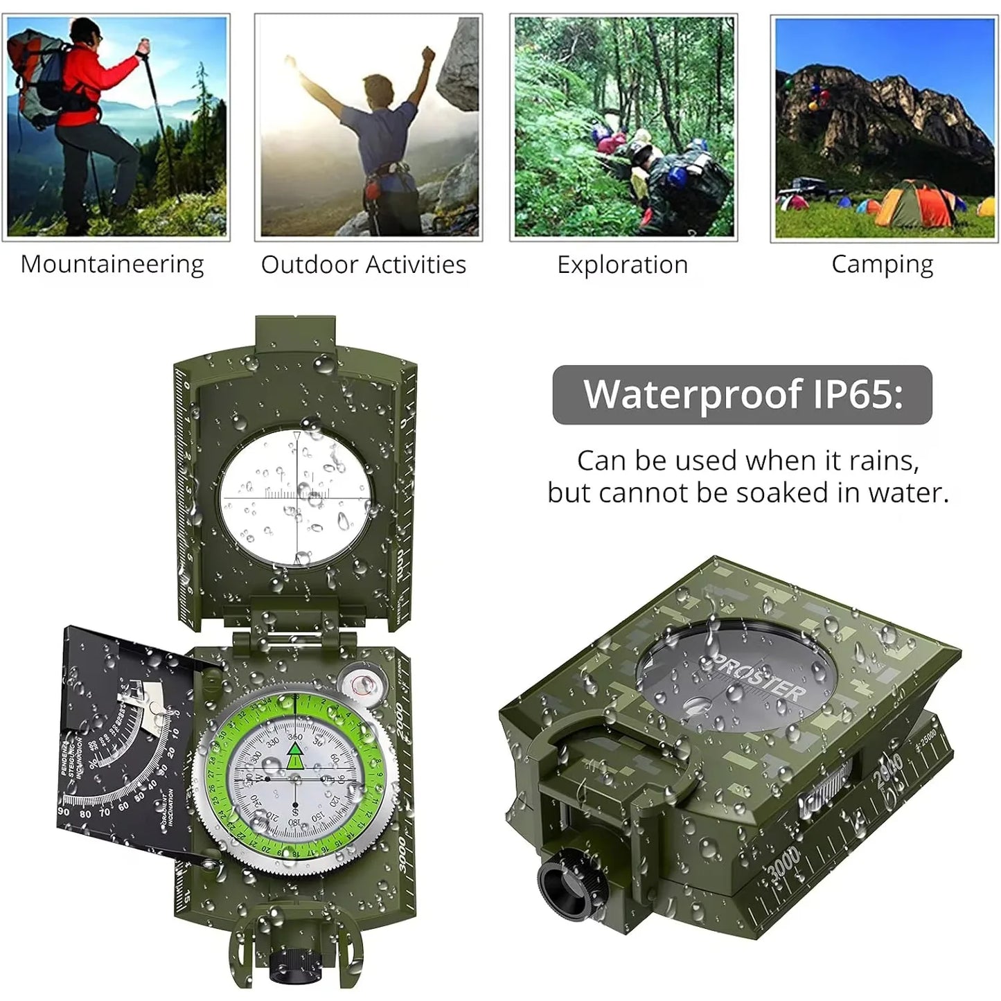 Lensatic Compass Metal Waterproof IP65 Carry Bag Camping