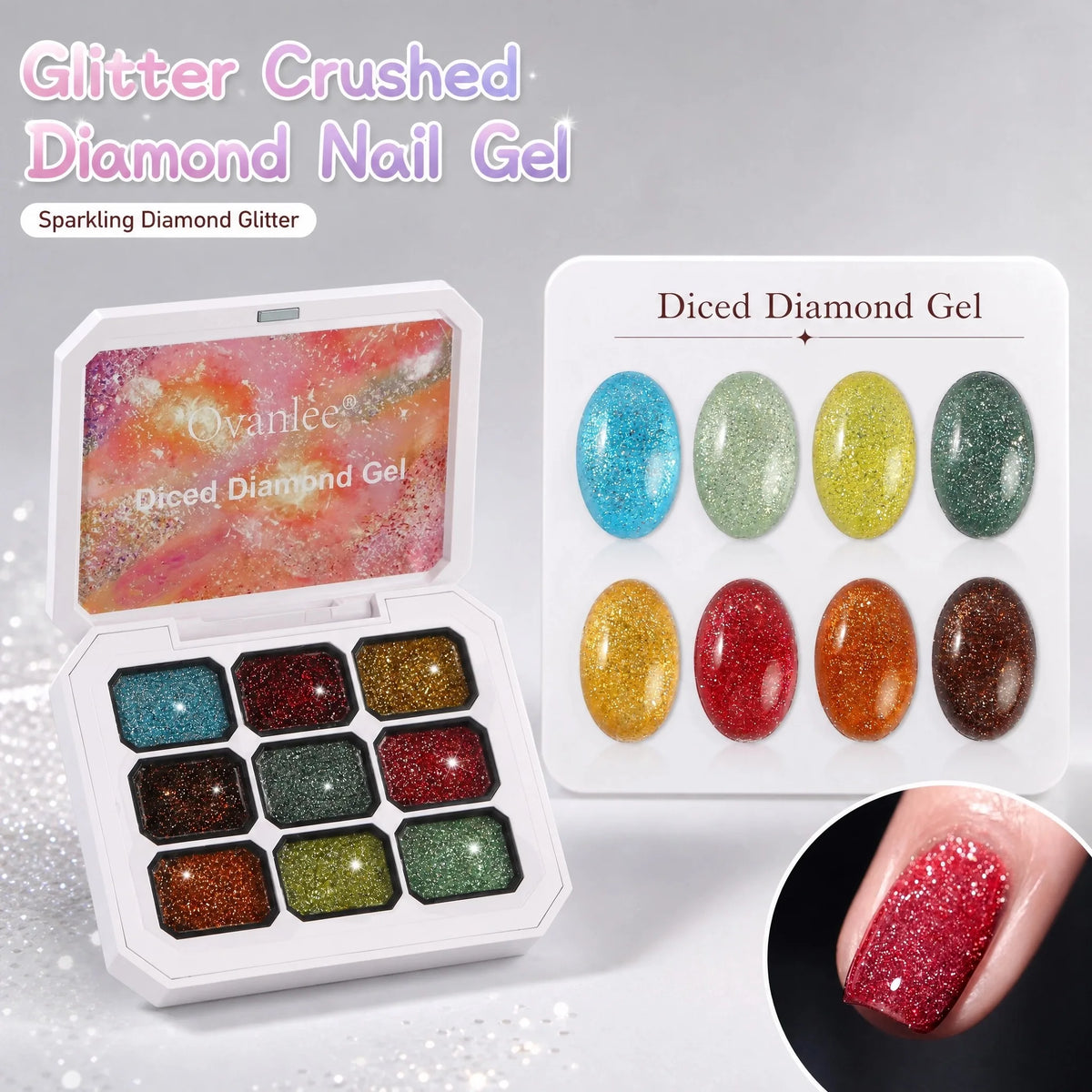 Ovanlee 9-Color Glitter Crushed Diamond Nail Gel – Sparkling Diced Diamond UV/LED Polish Set, 4-in-1 Translucent Shimmer Gel for Overlay, Painting & Solid Nails (8.6cm Starry Palette Box)