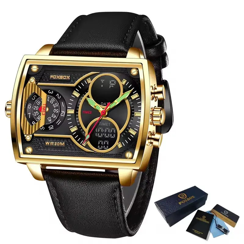 LIGE Digital Mens Square Military Waterproof Watch Leather