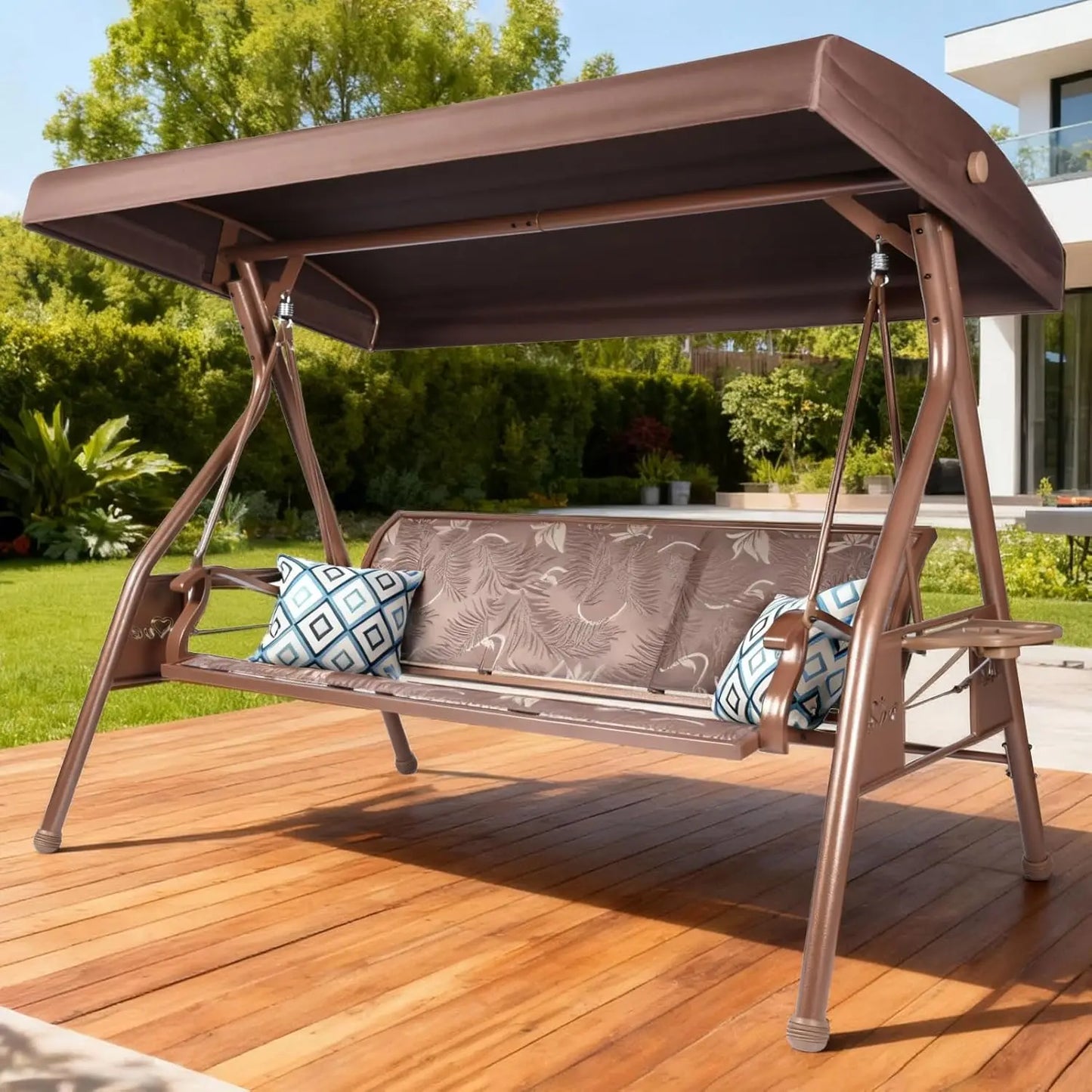 General 3 Person Patio Swing With Adjustable Canopy Cup Holders